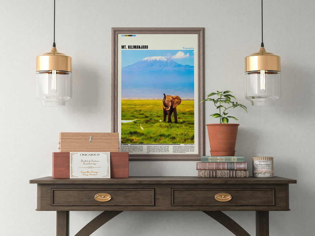Elevate your decor with a poster featuring Mount Kilimanjaro, showcasing the majestic charm of Tanzania and adding an African touch to your space