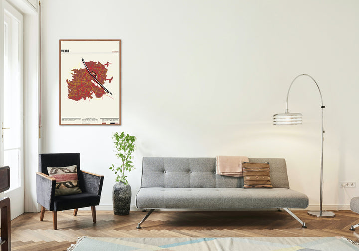 A stylish Vienna city map art print, perfect as a Vienna map poster or print for a housewarming gift, showcasing the beauty and details of the city&#39;s layout
