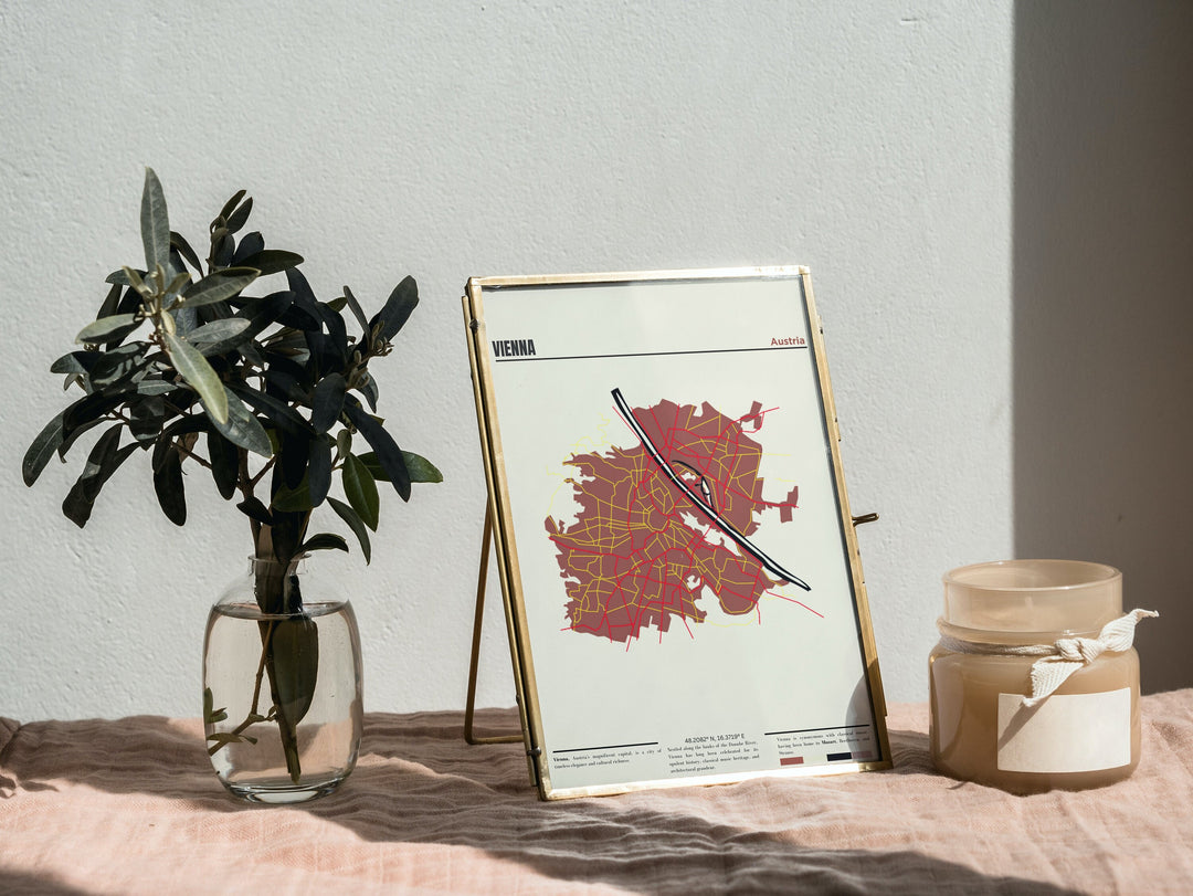 A stylish Vienna city map art print, perfect as a Vienna map poster or print for a housewarming gift, showcasing the beauty and details of the city&#39;s layout
