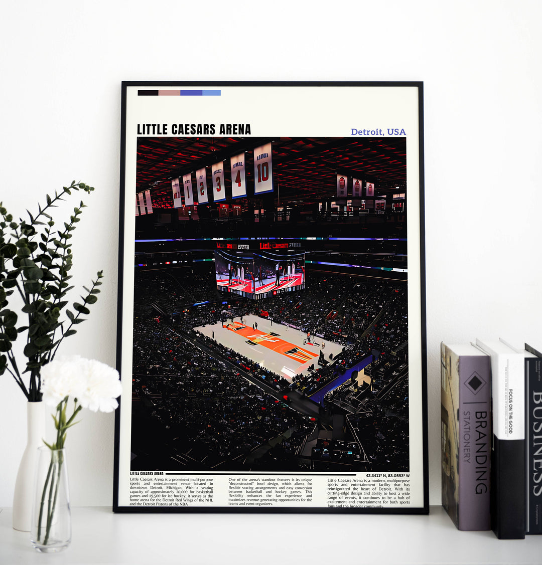 Dynamic Detroit Pistons Print - Celebrate your team with this stunning wall art featuring Little Caesars Arena in the background