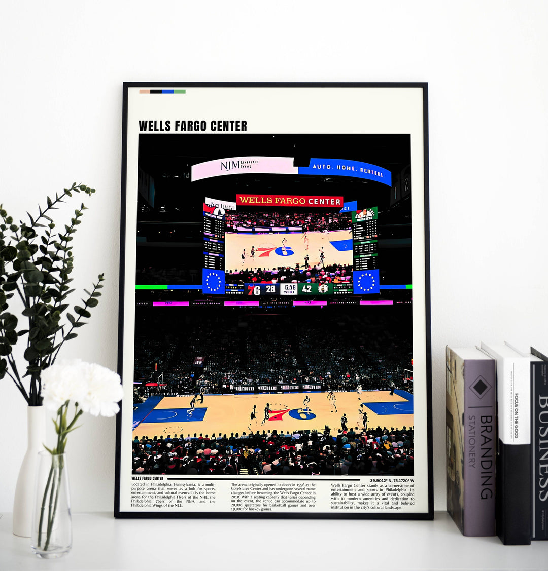 a poster of a basketball game is displayed on a shelf