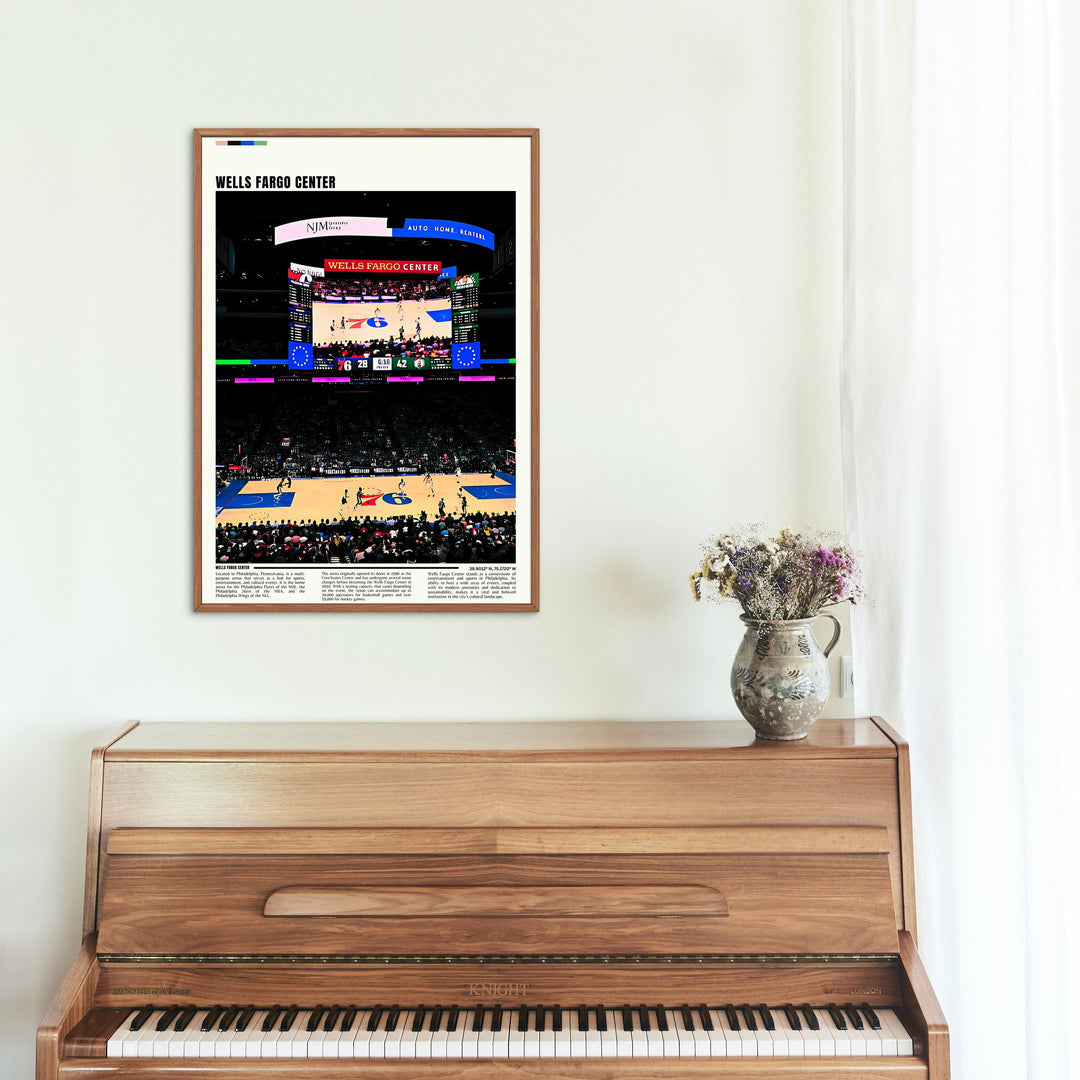a poster of a basketball game on a wall above a piano
