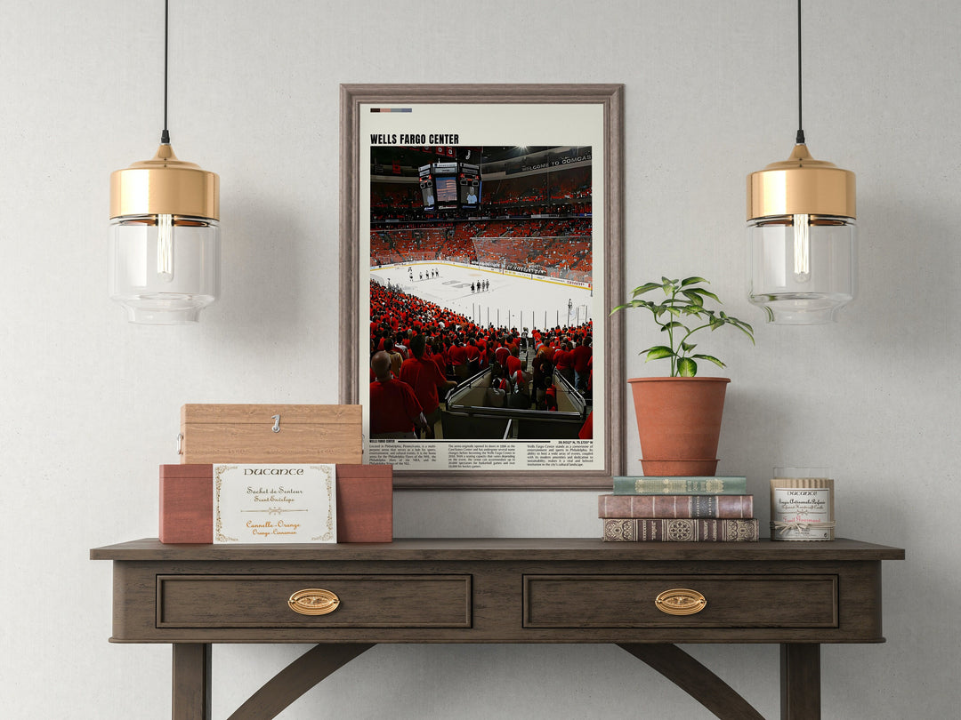 a framed photograph of a hockey game on a wall