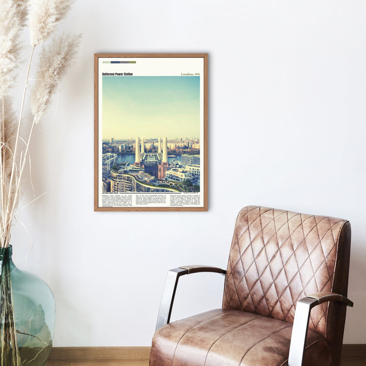 An artistic representation of Battersea Power Station in London, set against the iconic London skyline. This stunning Battersea Wall Art captures the essence of British landmarks, making it a perfect housewarming gift