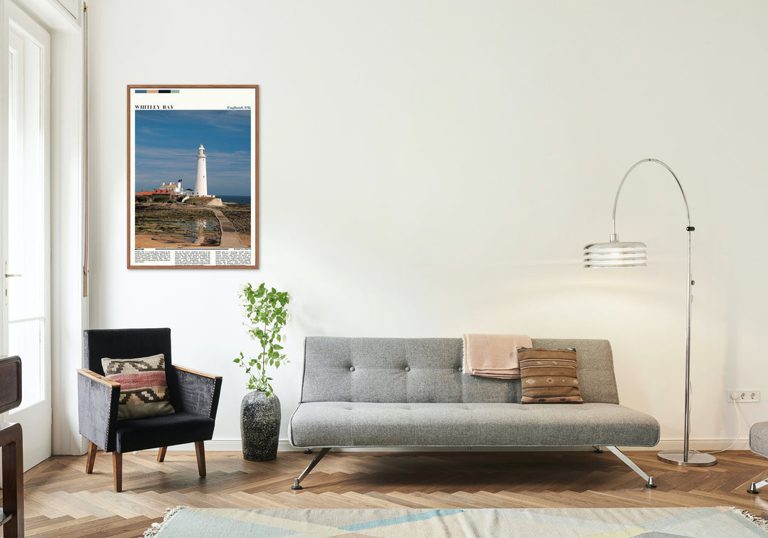 Colorful English cityscape art featuring Newcastle Upon Tyne and Cullercoats. Great for home decor