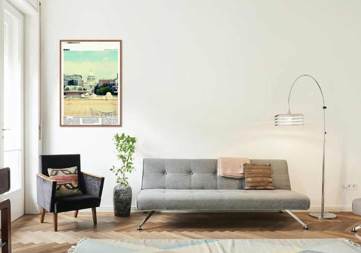 Framed Wisconsin art featuring Madison&#39;s skyline – ideal for UW Madison grads and college alumni
