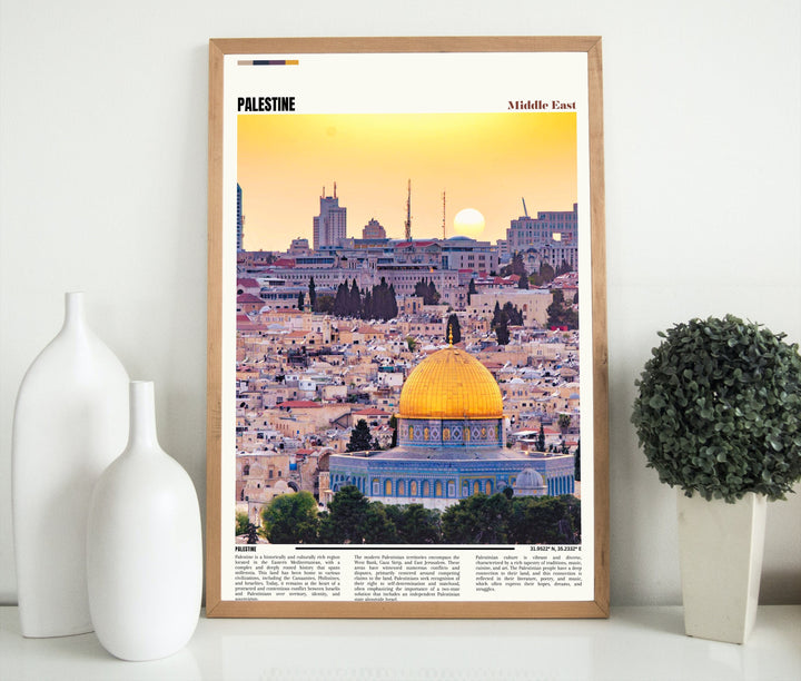 Elevate your space with a magnificent Palestine Poster, showcasing iconic landmarks like the Wailing Wall and Dome of the Rock - an exquisite piece of Palestine art, perfect for décor and gifting