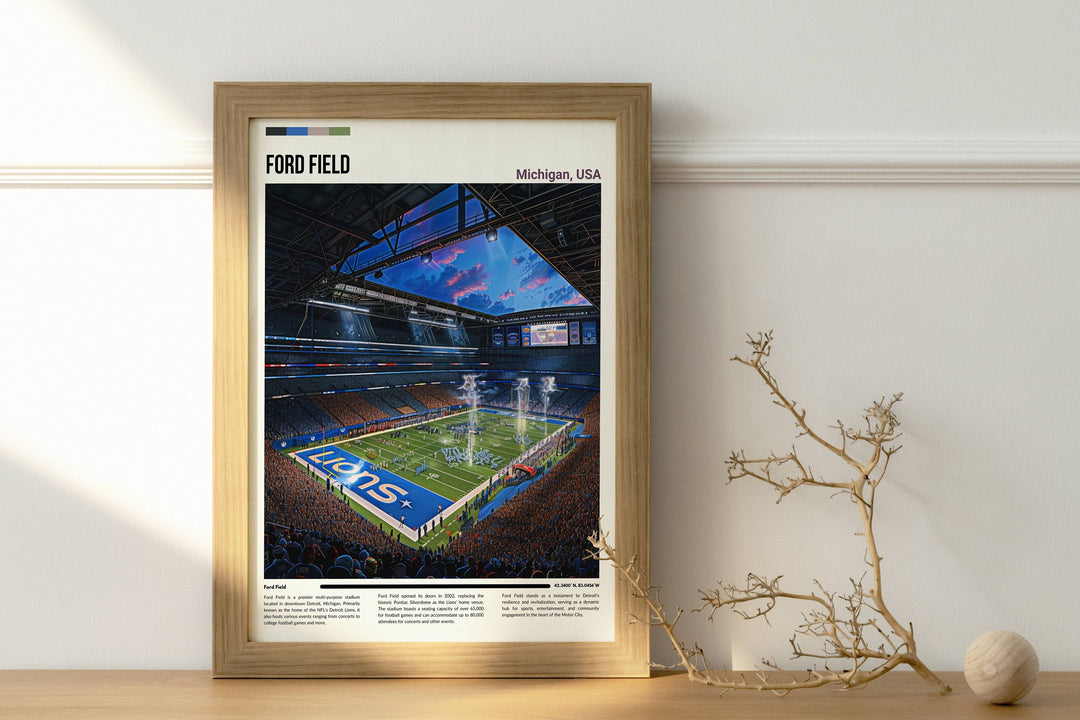 Classic NFL print showcasing Detroit Lions&#39; legacy at Ford Field with vintage vibes