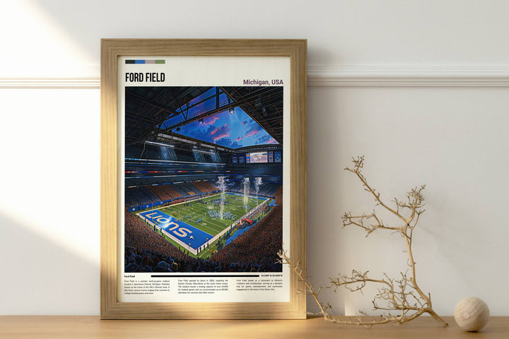 Classic NFL print showcasing Detroit Lions&#39; legacy at Ford Field with vintage vibes
