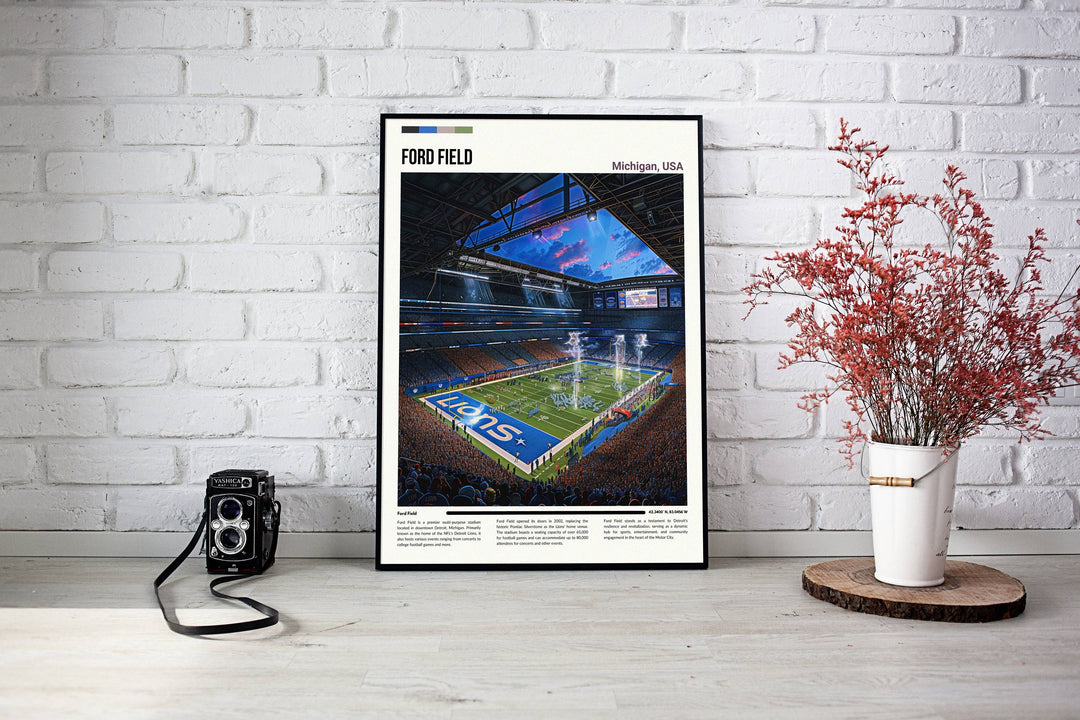Iconic NFL print capturing Detroit Lions&#39; triumphs at Ford Field with D&#39;Andre Swift.