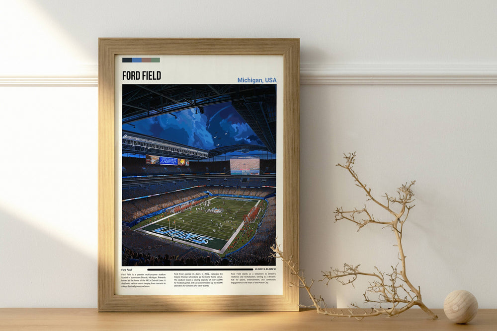 Vintage-inspired artwork of Detroit Lions&#39; history at Ford Field with D&#39;Andre Swift