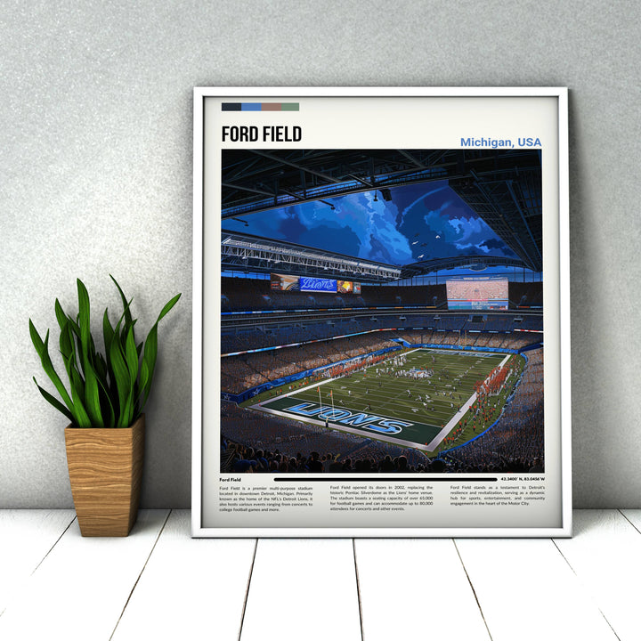 Classic NFL print capturing Detroit Lions&#39; memorable plays at Ford Field