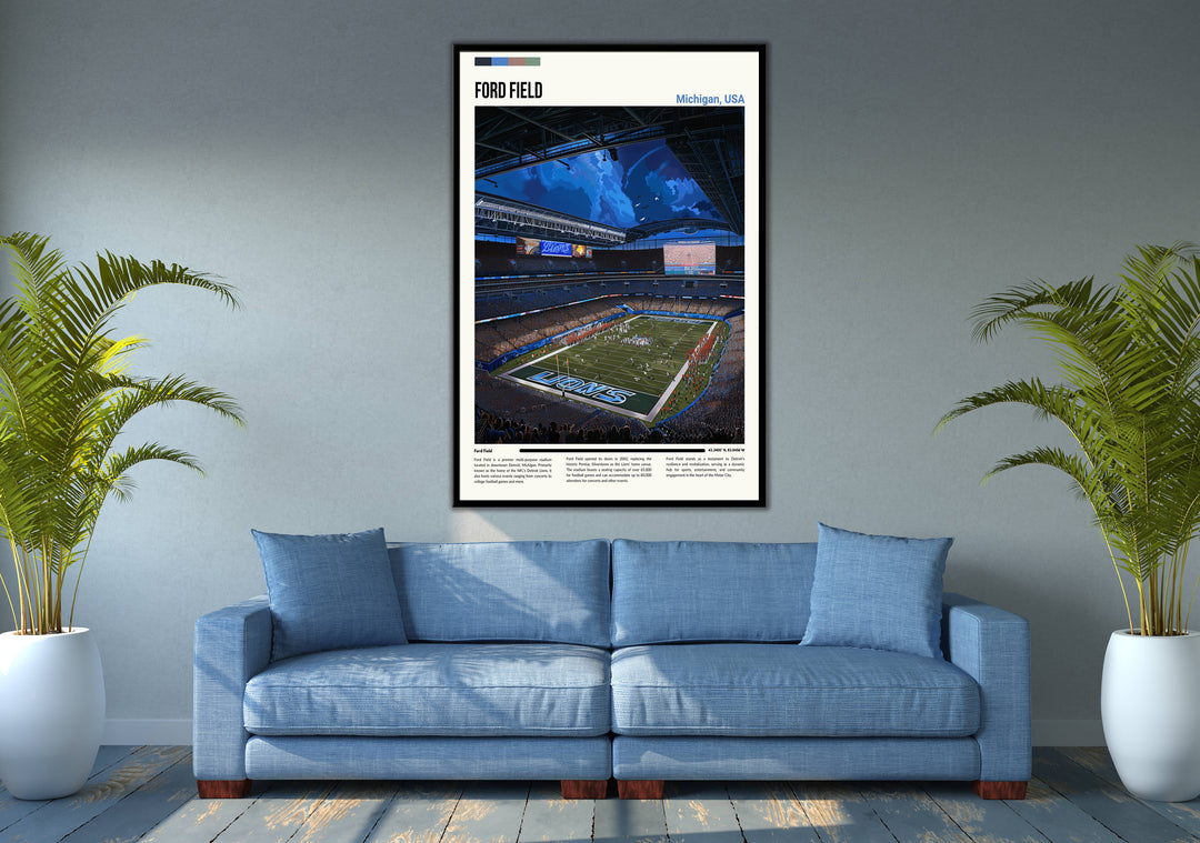Nostalgic Detroit Lions artwork highlighting iconic moments at Ford Field.
