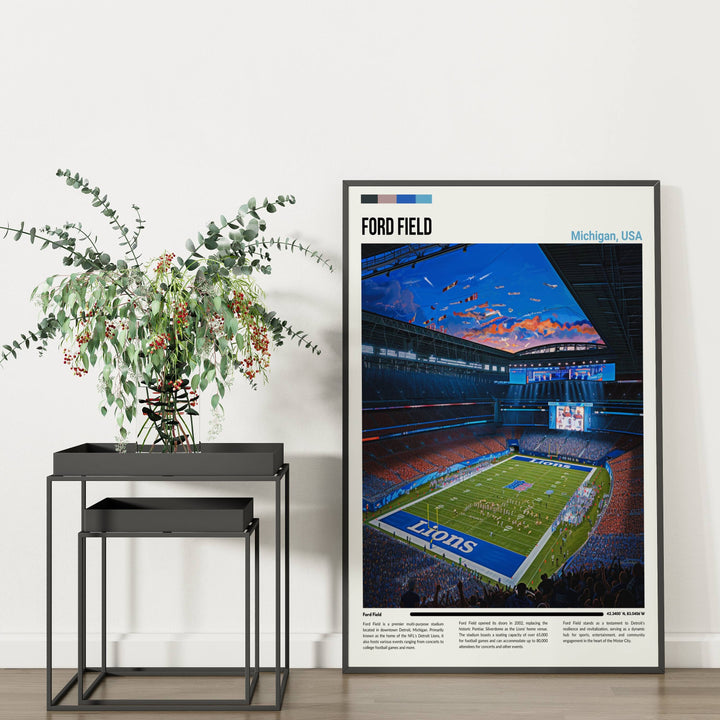 a poster of a football field in front of a plant