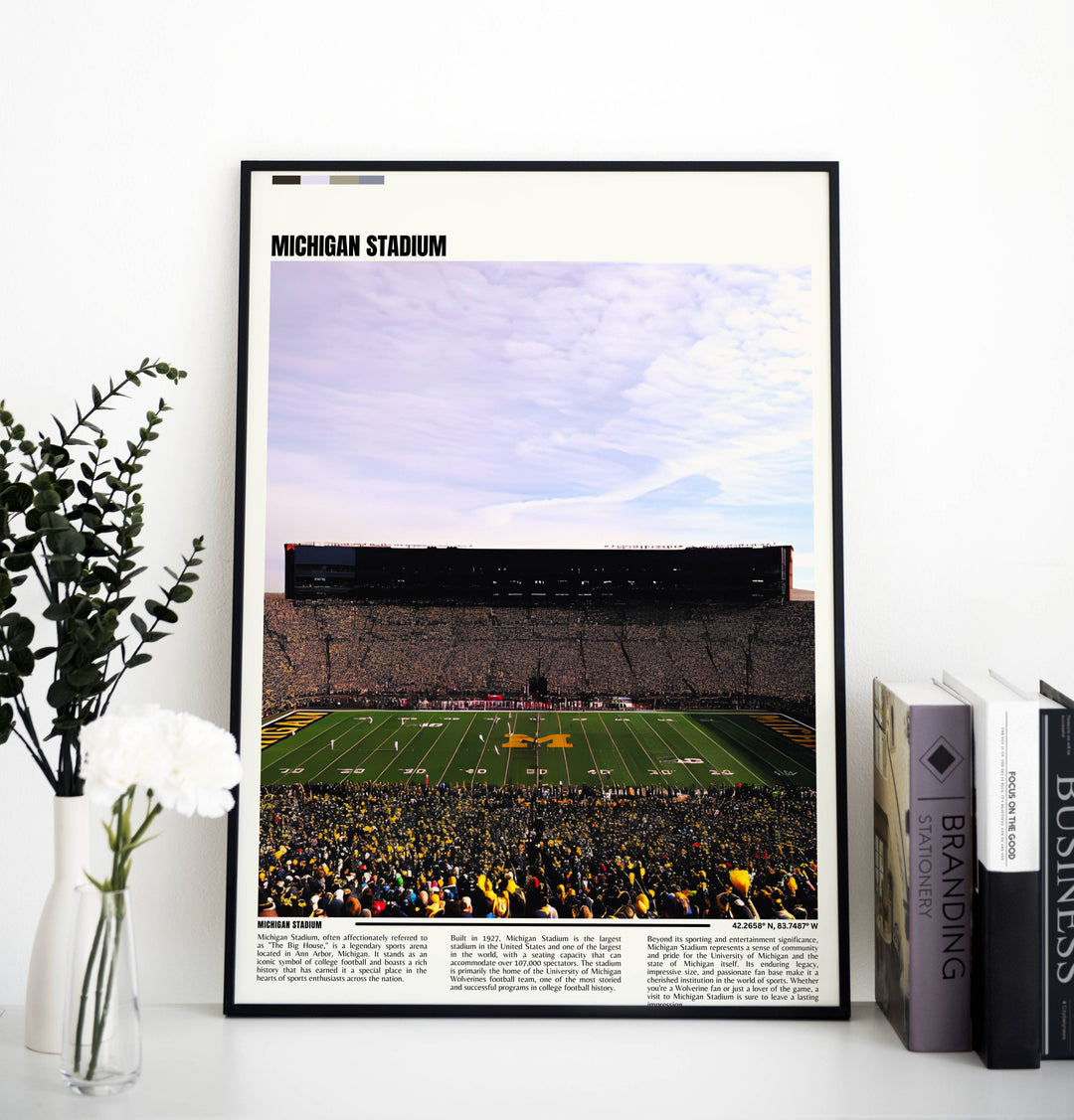 A captivating Michigan Stadium print, making for exceptional Michigan art or a thoughtful housewarming gift choice