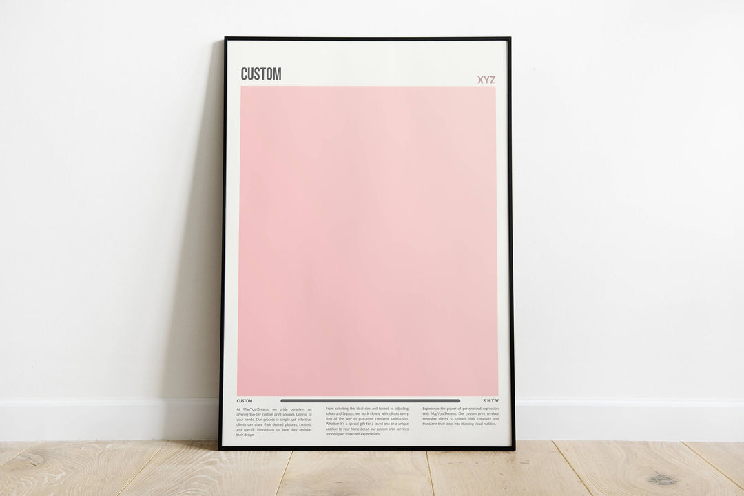 a pink poster hanging on a wall next to a wooden floor