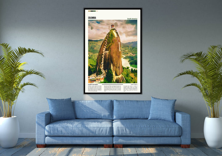 Colorful Colombia print showcasing the majestic Guatape Rock, a symbol of Colombia&#39;s stunning landscapes