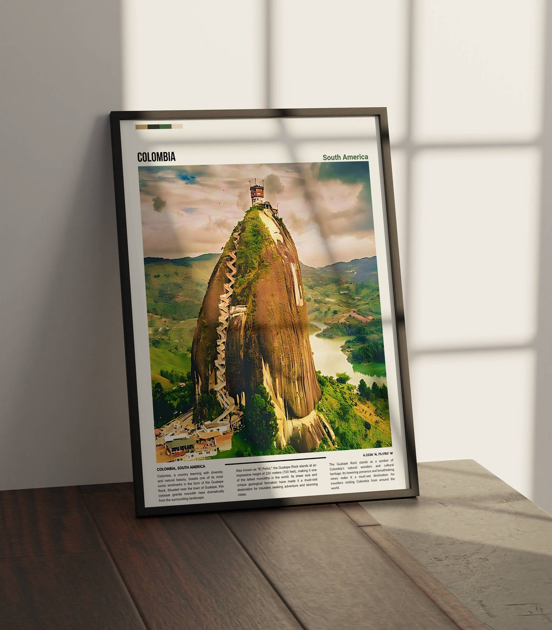 Mesmerizing Colombia print featuring the iconic Guatape Rock, a highlight of Colombia&#39;s rich cultural heritage.