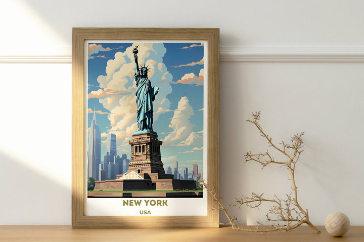 New York City poster: Retro illustration showcasing iconic landmarks, a perfect housewarming or travel-inspired gift