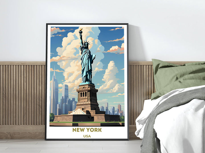 Vintage New York City artwork: Retro-inspired print showcasing iconic landmarks, an ideal housewarming or travel keepsake