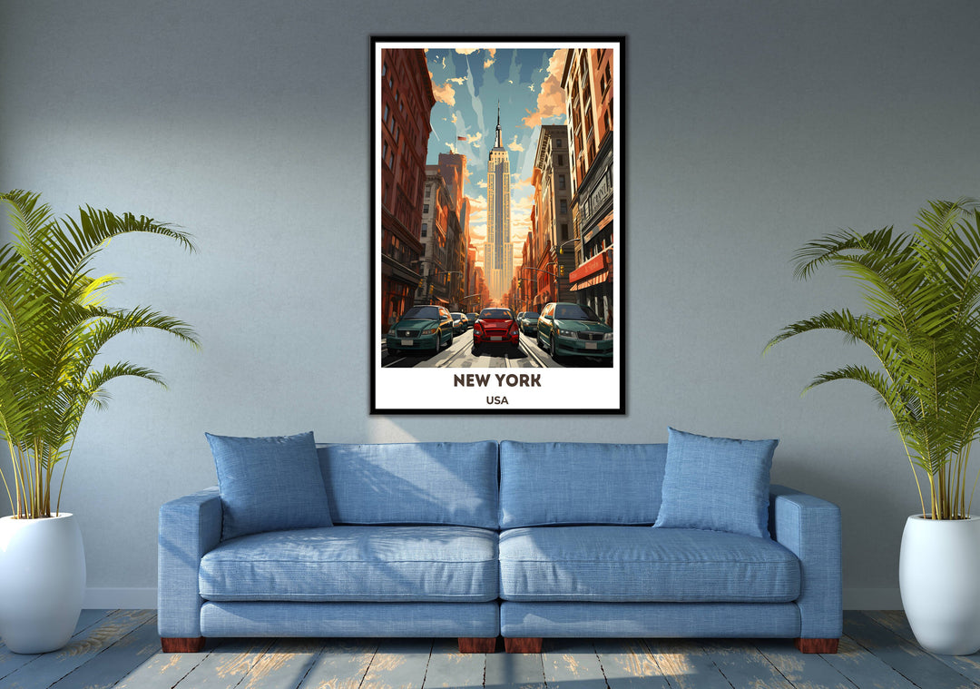 Retro New York City illustration: Vintage-inspired art featuring iconic NYC landmarks, a unique housewarming or travel souvenir.