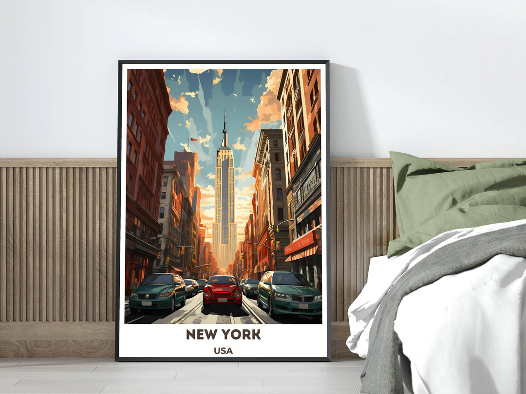 Vintage New York City artwork: Retro-inspired print showcasing iconic landmarks, an ideal housewarming or travel keepsake.