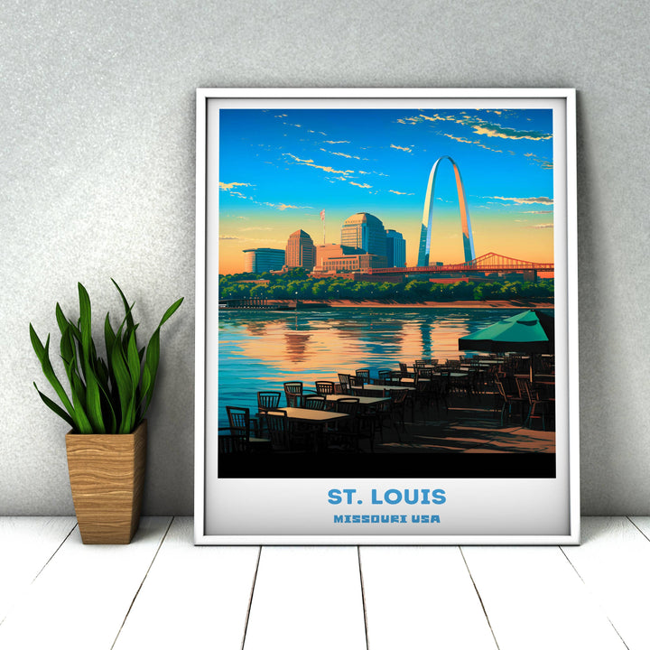 St. Louis cityscape print capturing the essence of Missouri&#39;s vibrant capital. Ideal St. Louis artwork for home decor or office. Skyline painting perfect for housewarming gifts.
