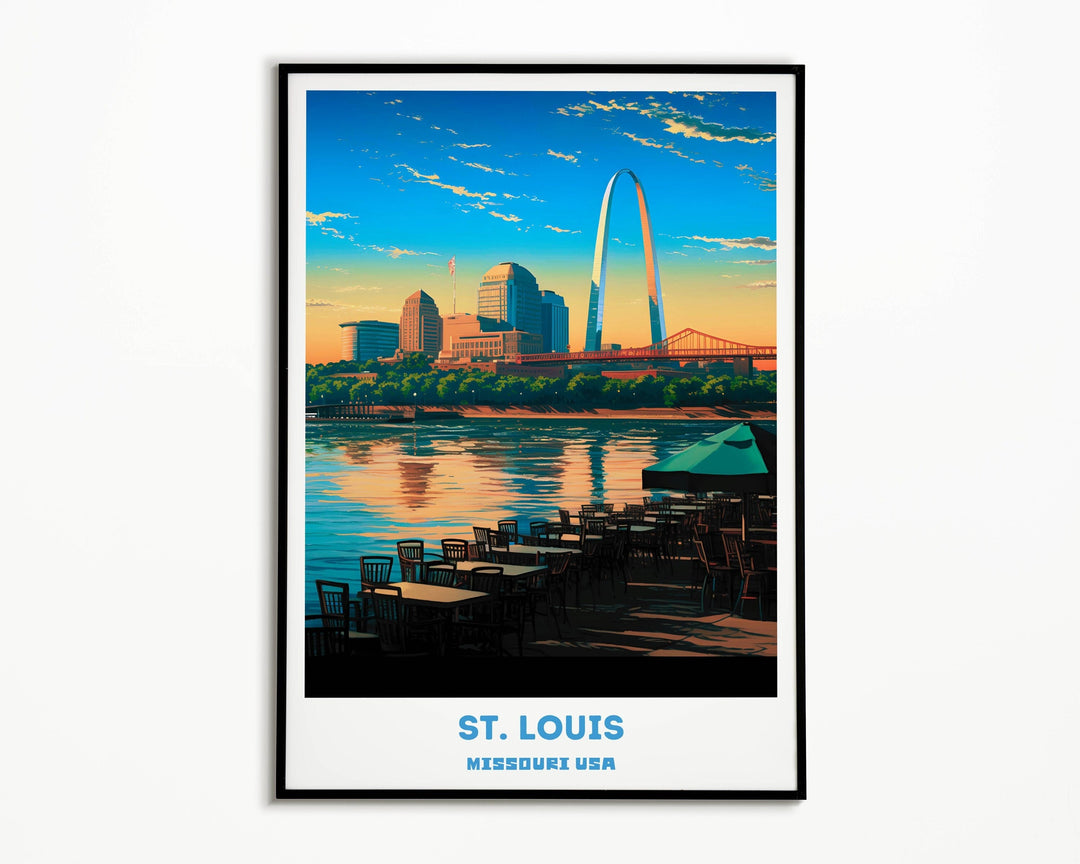 St. Louis skyline art print featuring iconic landmarks. Perfect for St. Louis travel enthusiasts. Ideal housewarming gift. High-quality St. Louis wall art with cityscape painting. Missouri map poster