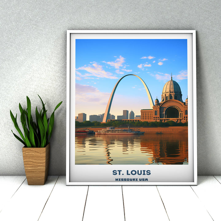 St. Louis cityscape art print featuring the iconic Gateway Arch. Perfect St. Louis poster for modern decor. Missouri skyline painting.