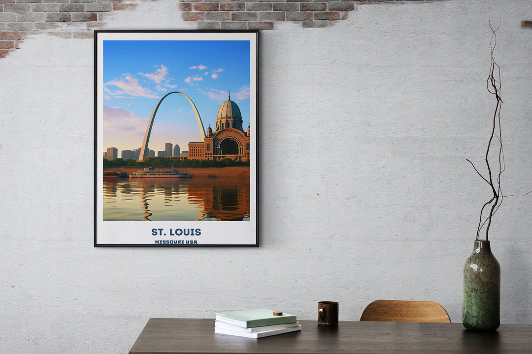 St. Louis skyline painting showcasing architectural wonders. Perfect St. Louis wall art for any room. Missouri print for cityscape lovers.
