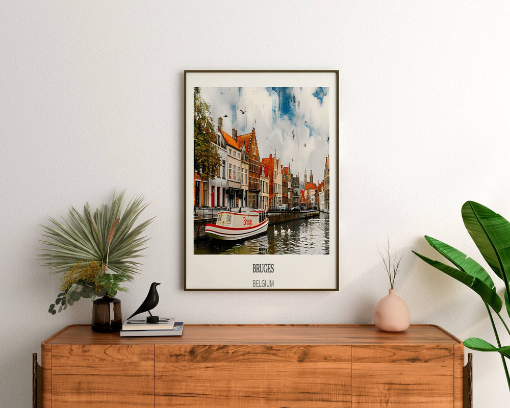 Bring the spirit of Belgium home with this Bruges Travel Print. Perfect Europe City Poster for travel enthusiasts
