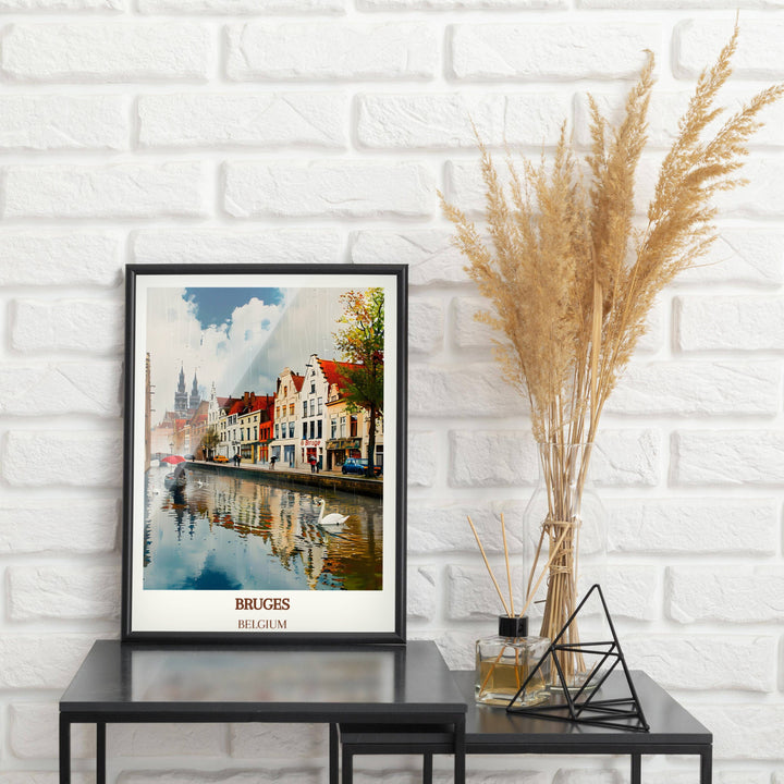 Discover the beauty of Bruges through this captivating Bruges Print. Ideal Belgium Poster for explorers