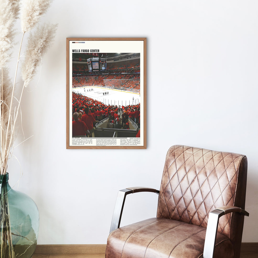 a chair in a room with a poster on the wall