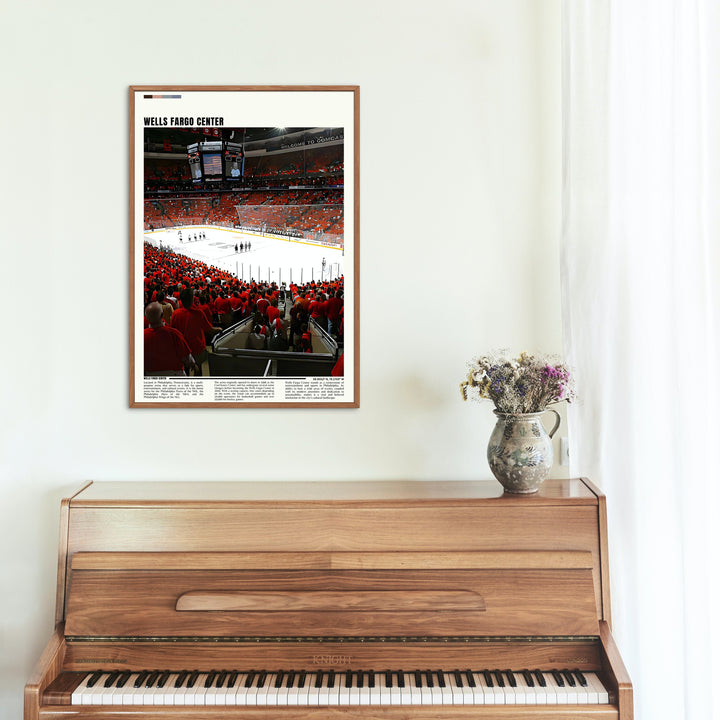 a poster of a hockey game on a wall above a piano