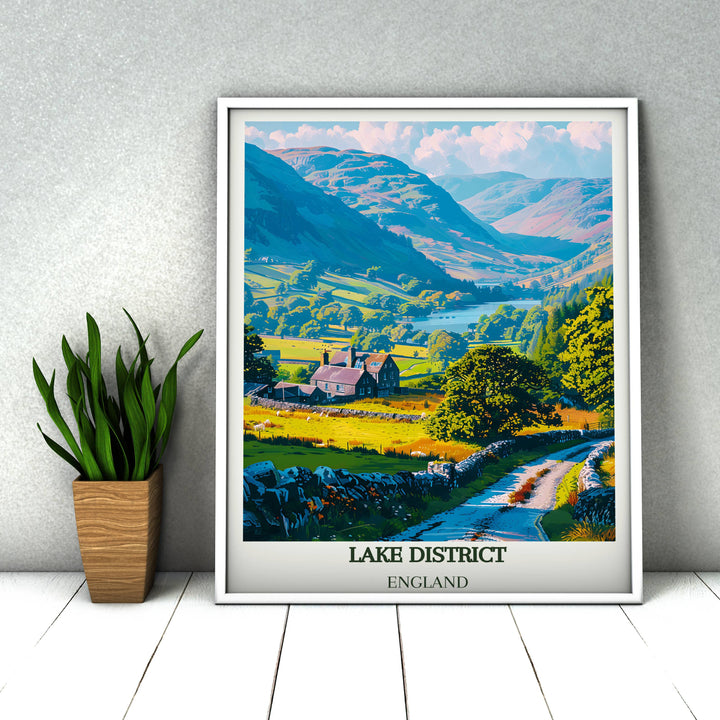 Colorful British Travel Print featuring the serene Lake District, ideal for England-inspired wall art and unique housewarming gifts