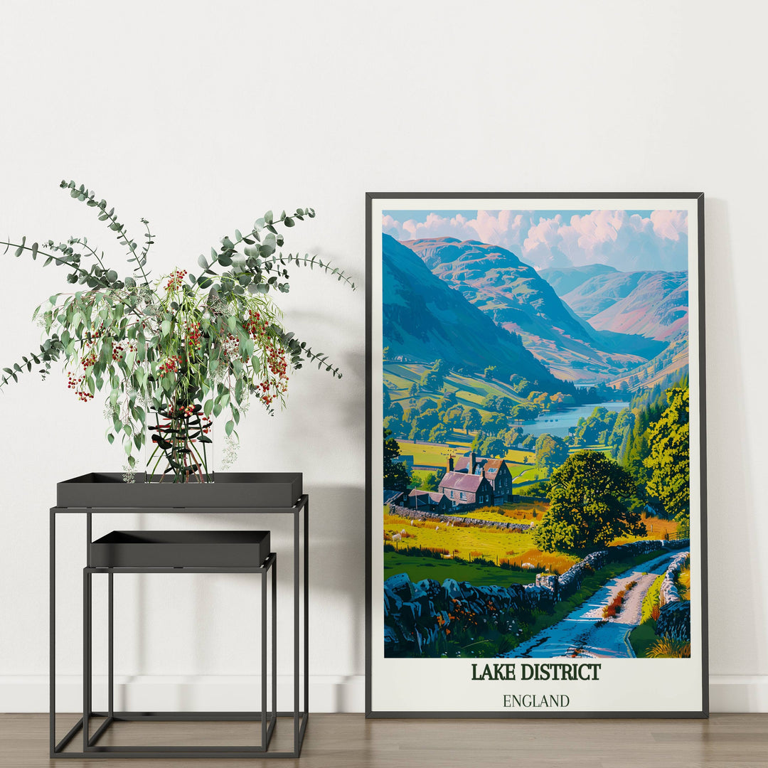 Serene Lake District Poster offering a glimpse into the tranquil landscapes of Cumbria, England. A thoughtful housewarming gift