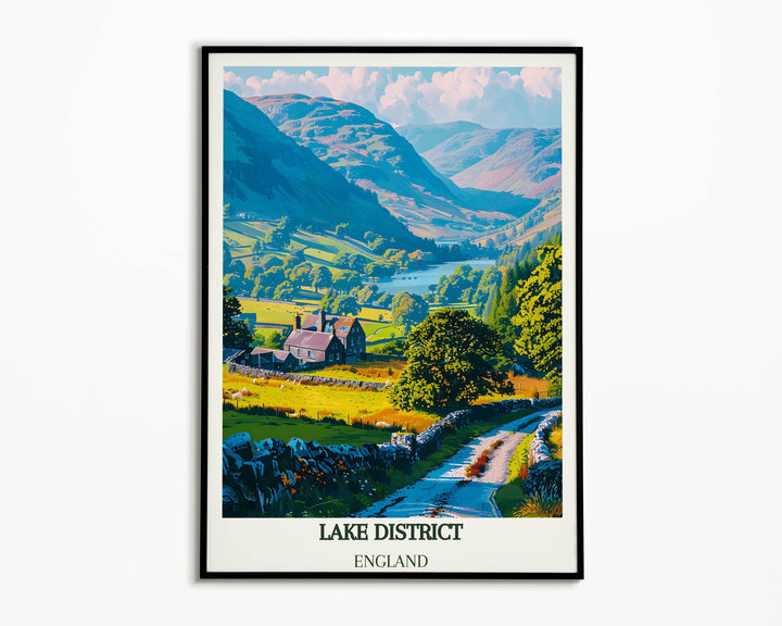 Vibrant British Travel Print of the picturesque Lake District in England, perfect for home decor and housewarming gifts. Captures the essence of Cumbria&#39;s beauty and charm