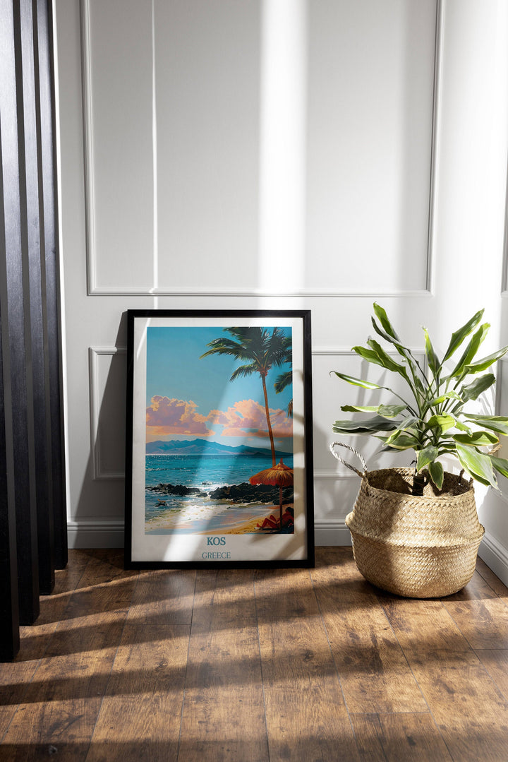 Infuse your space with the enchanting vibes of Kos with this vibrant Greece-themed artwork, perfect for travel enthusiasts.