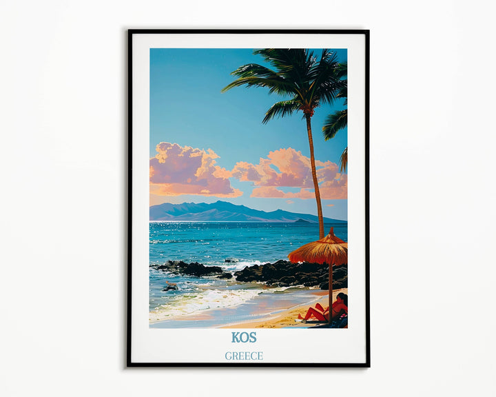 Vibrant Greece-themed artwork depicting the picturesque island of Kos, perfect for housewarming gifts and Greece travel enthusiasts