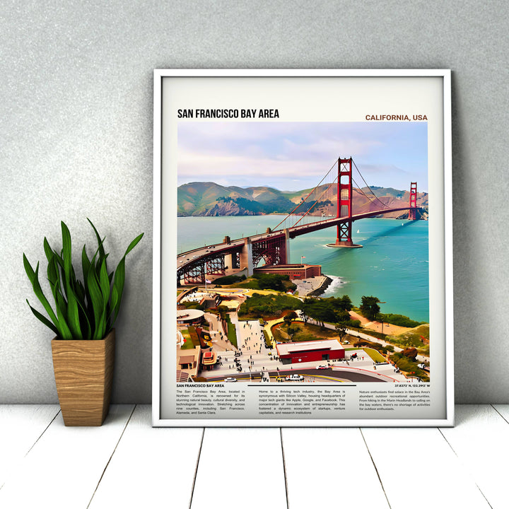 Vibrant San Francisco Golden Gate Bridge travel poster, featuring the iconic landmark set against a scenic Bay Area vista. Perfect Bay Area wall art.