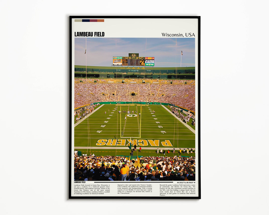 Green Bay Packers Print capturing the essence of iconic Lambeau Field - An impressive NFL Stadium Poster for Packers enthusiasts and Brett Favre devotees