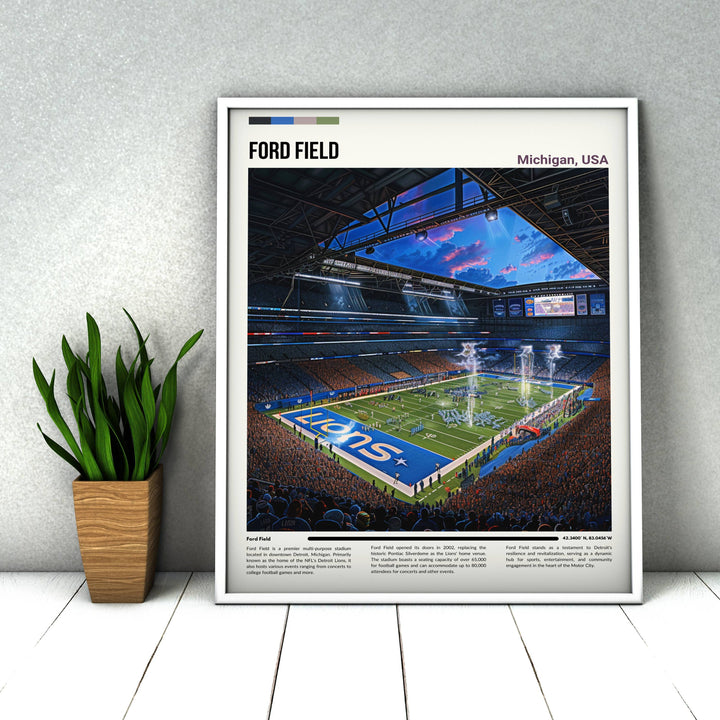 Dynamic artwork capturing Detroit Lions moments at Ford Field with D&#39;Andre Swift