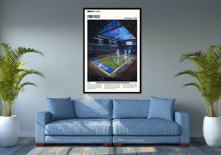 Retro-inspired Detroit Lions painting featuring Ford Field action with Kerryon Johnson