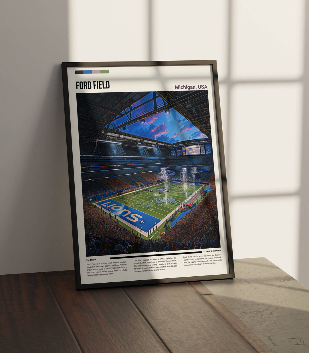 Nostalgic NFL poster showcasing Detroit Lions&#39; legacy at Ford Field with Kerryon Johnson