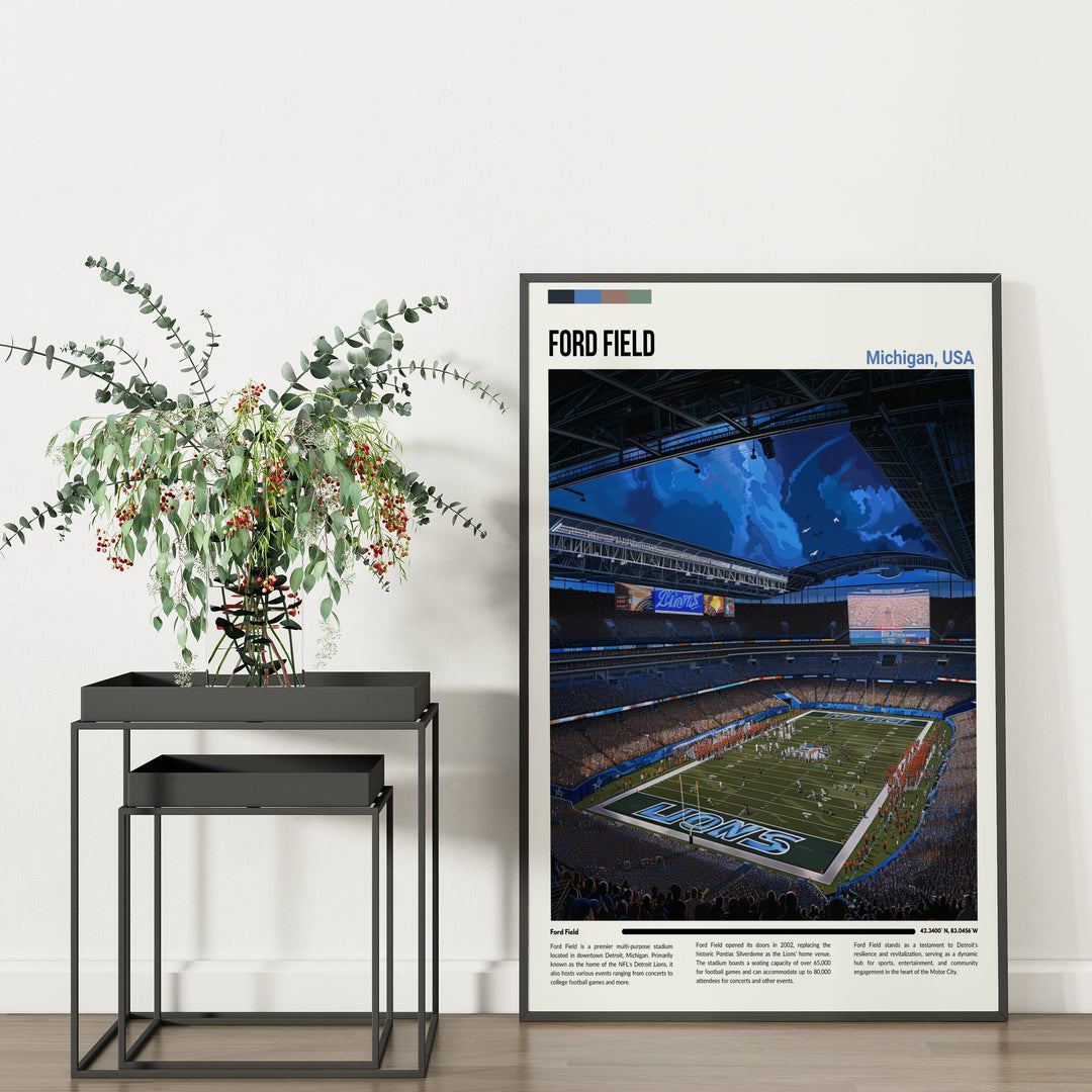 Vintage NFL poster showcasing Detroit Lions&#39; legacy at Ford Field with Kerryon Johnson