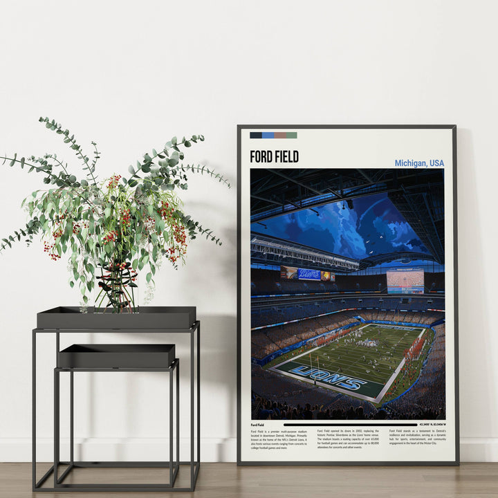 Vintage NFL poster showcasing Detroit Lions&#39; legacy at Ford Field with Kerryon Johnson