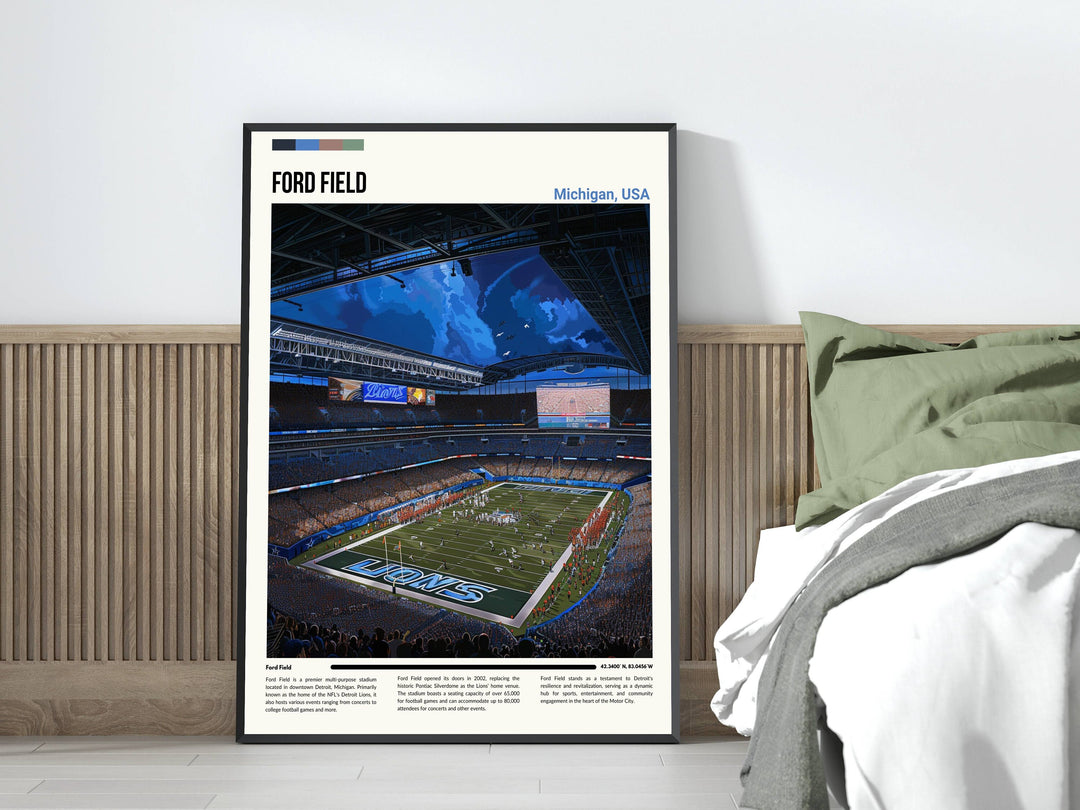 Classic Detroit Lions painting featuring iconic plays at Ford Field with Kerryon Johnson