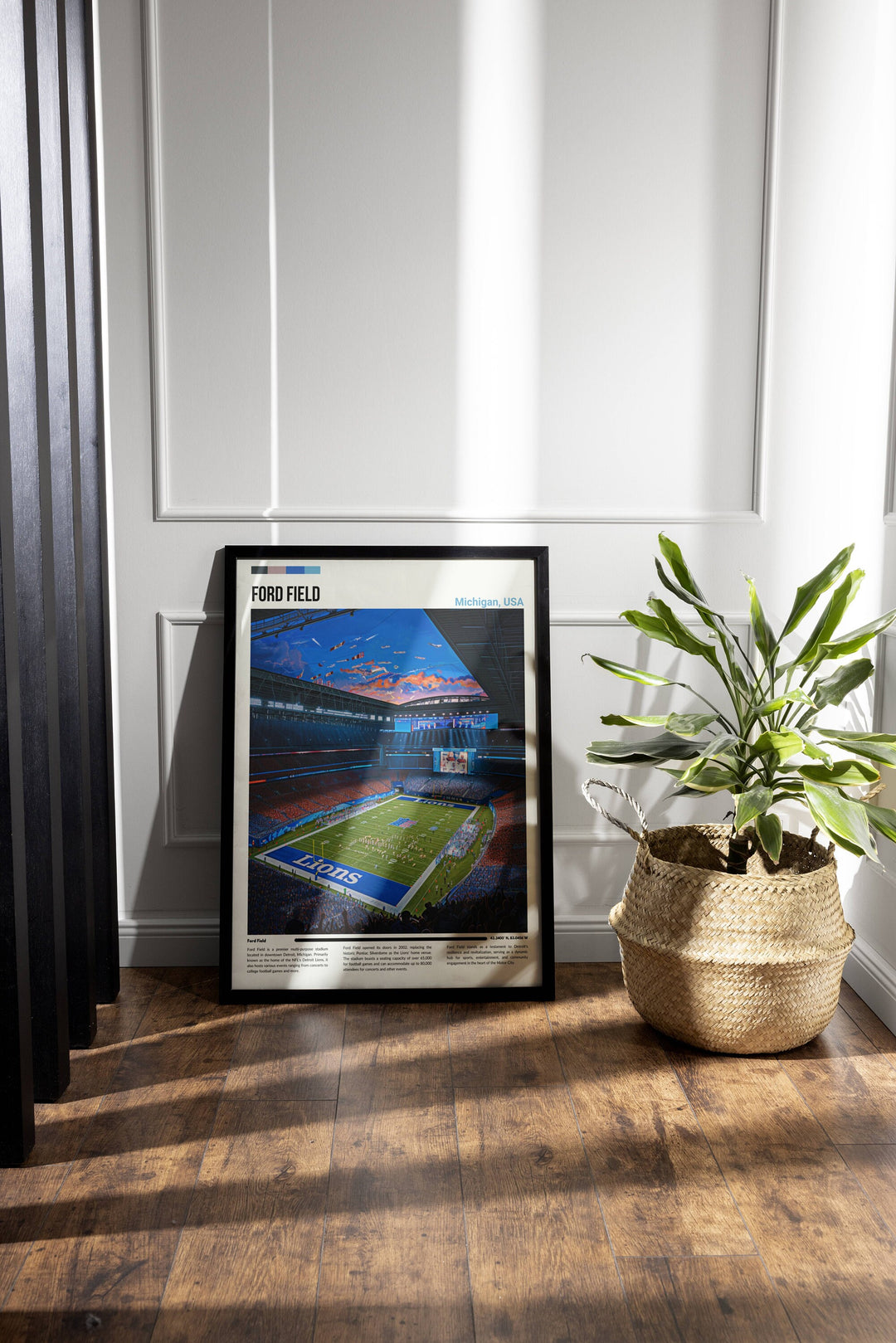 Digital oil painting depicts Ford Field's dynamic energy, a must-have for football lovers.