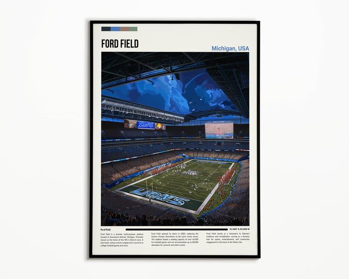 Retro-style NFL poster showcasing Detroit Lions memorable games at Ford Field