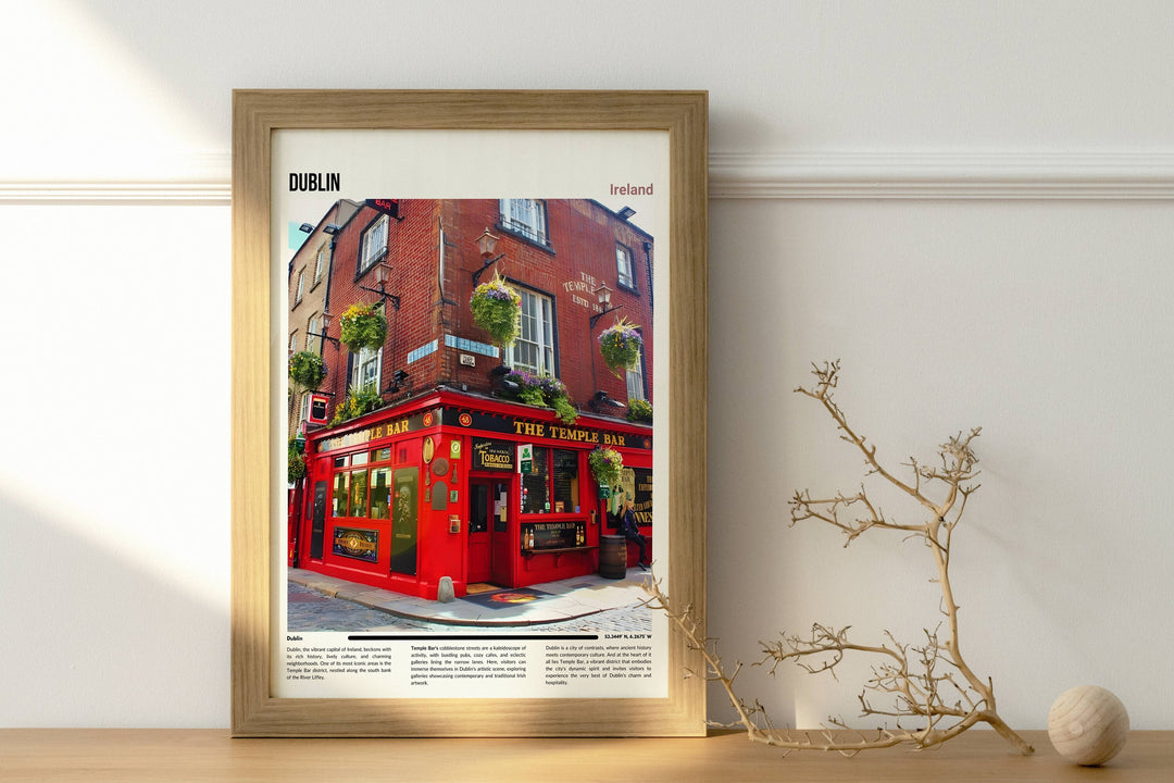 Vibrant Dublin City poster featuring Temple Bar, ideal housewarming gift. Perfect Dublin wall art capturing the essence of the city. digital downloads available too